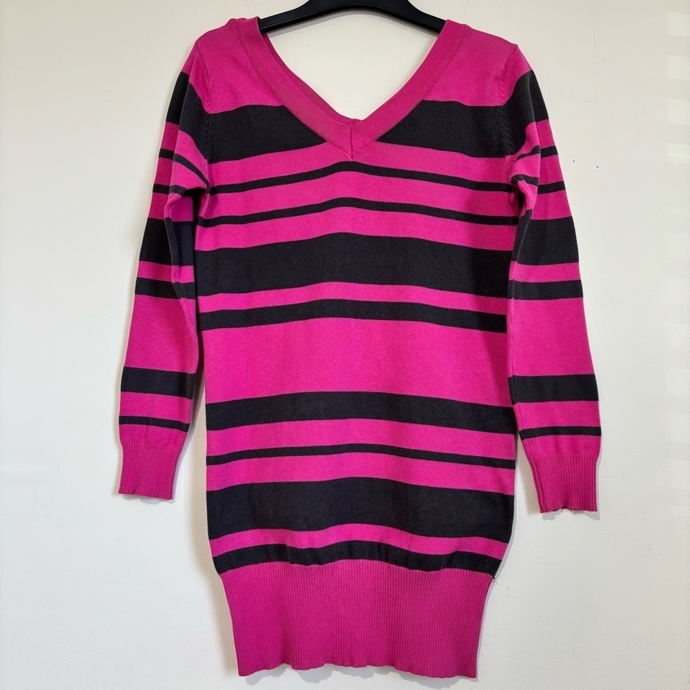 Vintage 90's pink striped V-neck 3/4 sleeve pullover knit sweater mini dress XS